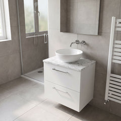 [BFLE124LCM] Bramshall Contemporary 2 Drawer Wall Hung Vanity Unit with Carrera Marble Laminate Worktop, Choice of Size and Colour