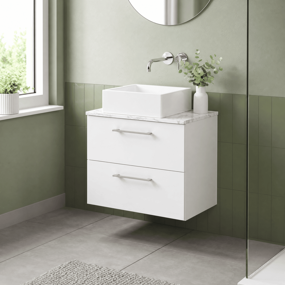 [BFLE124LCM] Bramshall Contemporary 2 Drawer Wall Hung Vanity Unit with Carrera Marble Laminate Worktop, Choice of Size and Colour