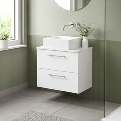 [BFLE124LCM] Bramshall Contemporary 2 Drawer Wall Hung Vanity Unit with Carrera Marble Laminate Worktop, Choice of Size and Colour