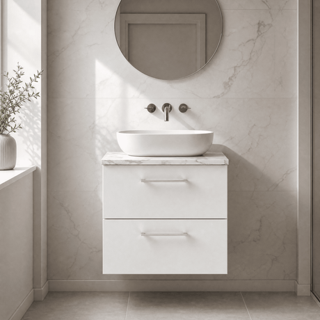 [BFLE124LCM] Bramshall Contemporary 2 Drawer Wall Hung Vanity Unit with Carrera Marble Laminate Worktop, Choice of Size and Colour - Silo