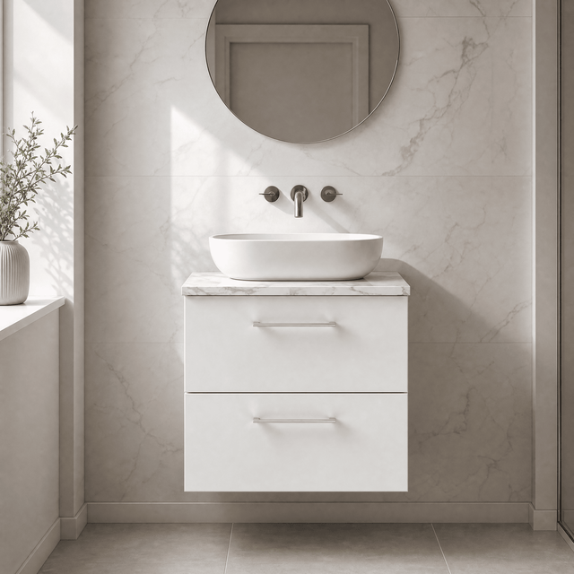 [BFLE124LCM] Bramshall Contemporary 2 Drawer Wall Hung Vanity Unit with Carrera Marble Laminate Worktop, Choice of Size and Colour - Silo