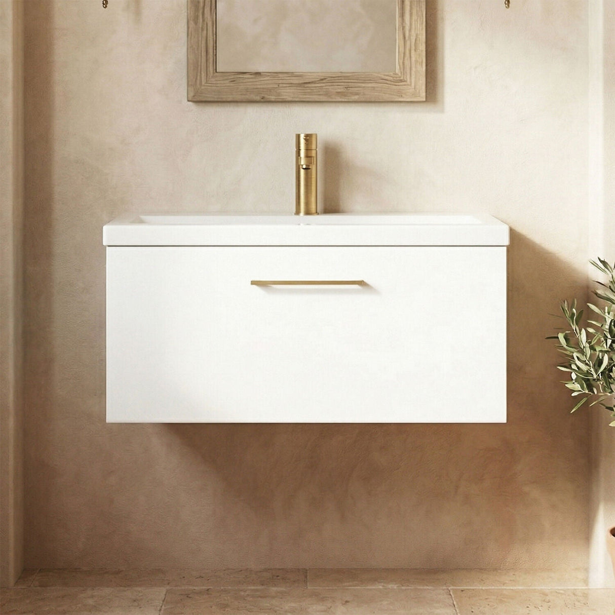 [BFLE125AH017] Bramshall Wall Hung 1 Drawer Vanity Unit with Mid-Edge Ceramic Basin - Choice of Colour, Handle Finish and Size - Silo
