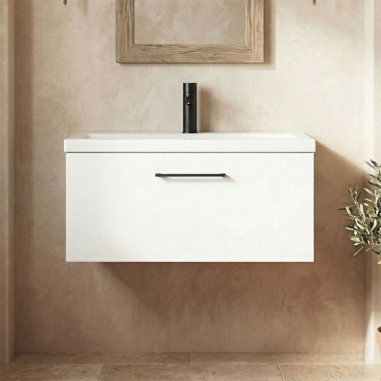 [BFLE125AH018] Bramshall Wall Hung 1 Drawer Vanity Unit with Mid-Edge Ceramic Basin - Choice of Colour, Handle Finish and Size - Silo