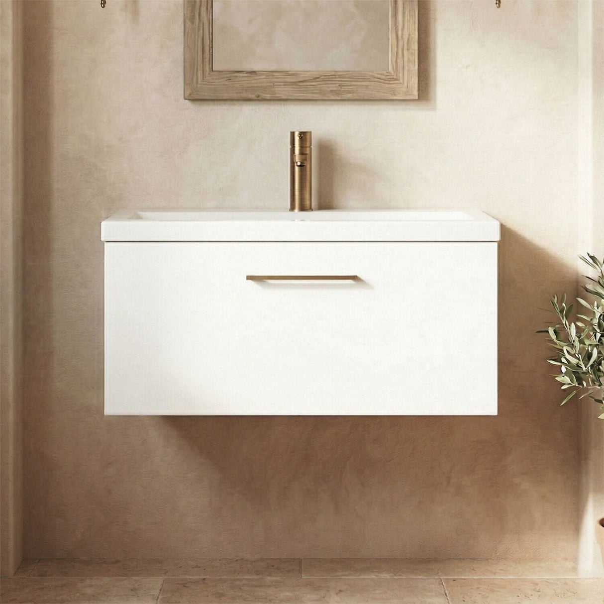 [BFLE125AH1516] Bramshall Wall Hung 1 Drawer Vanity Unit with Mid-Edge Ceramic Basin - Choice of Colour, Handle Finish and Size - Silo