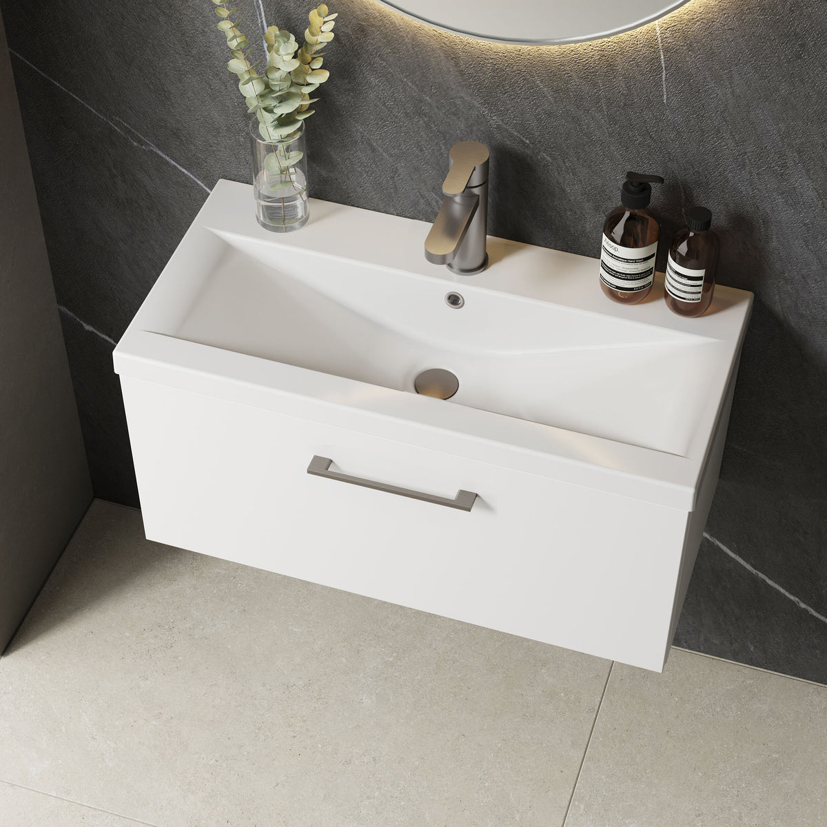 [BFLE125AH716] Bramshall Wall Hung 1 Drawer Vanity Unit with Mid-Edge Ceramic Basin 800mm - Lifestyle 2