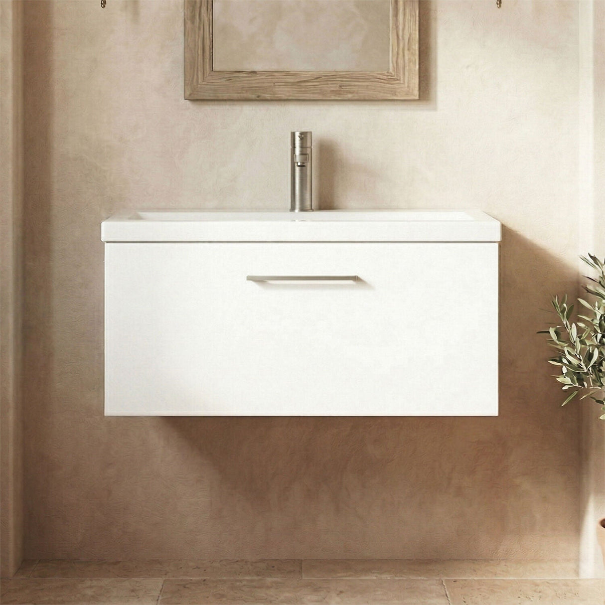 [BFLE125AH716] Bramshall Wall Hung 1 Drawer Vanity Unit with Mid-Edge Ceramic Basin - Choice of Colour, Handle Finish and Size - Silo