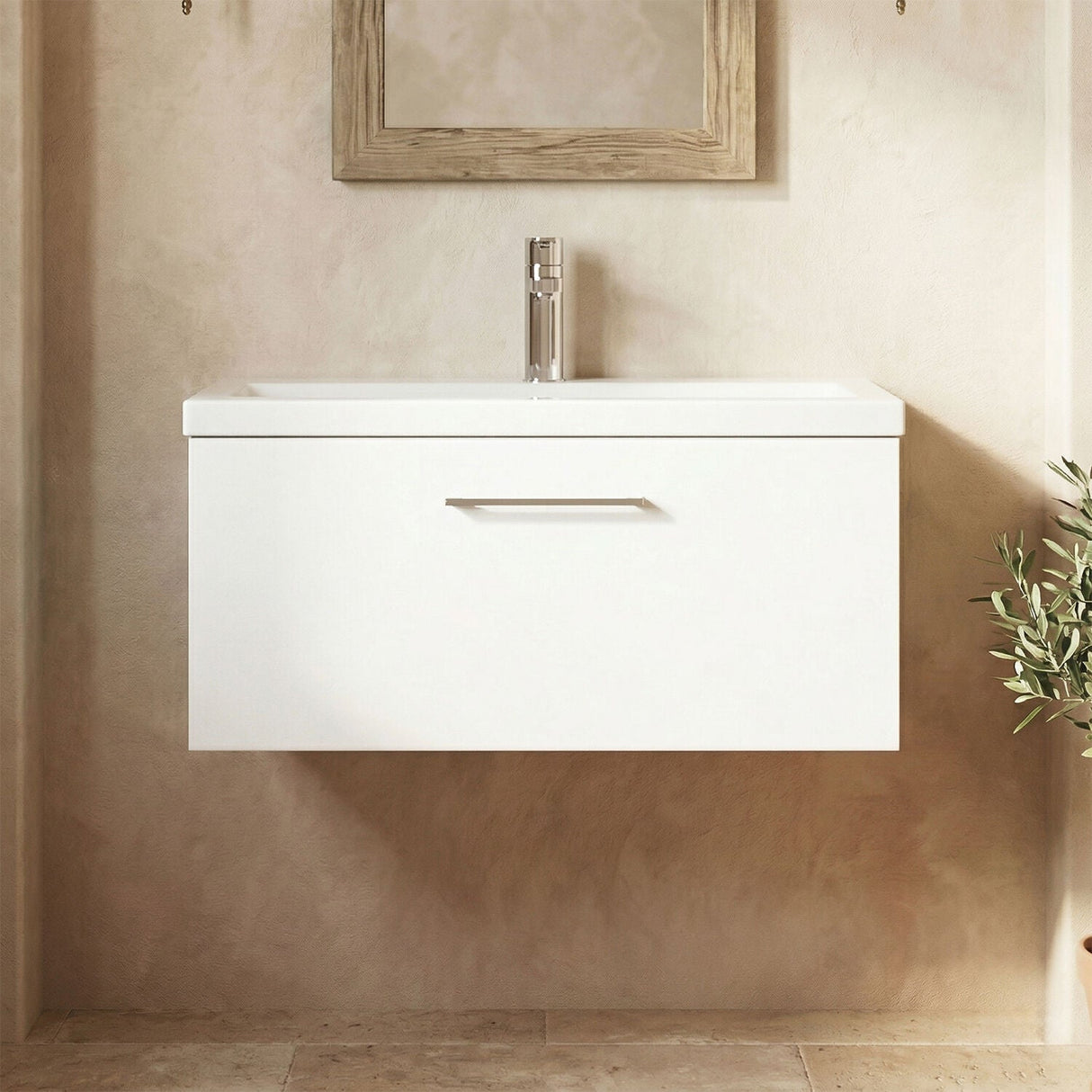 [BFLE125A] Bramshall Wall Hung 1 Drawer Vanity Unit with Mid-Edge Ceramic Basin - Choice of Colour, Handle Finish and Size - Silo
