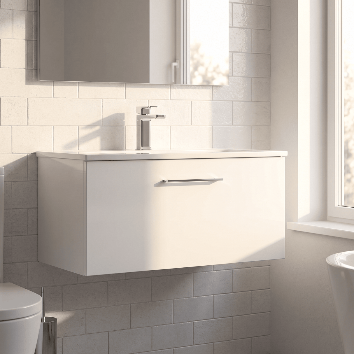 [BFLE125G] Bramshall Contemporary 1 Soft Close Drawer Wall Hung Vanity Unit, Choice of Size/Basin Type/Colour - Silo