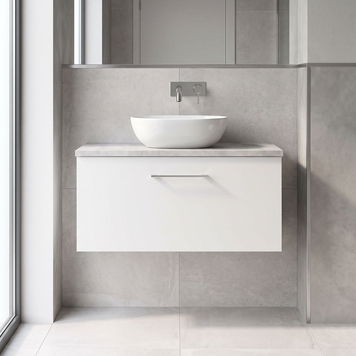[BFLE125LBG] Bramshall Contemporary 1 Drawer Wall Hung Vanity Unit with Bellato Grey Laminate Worktop, Choice of Size and Colour