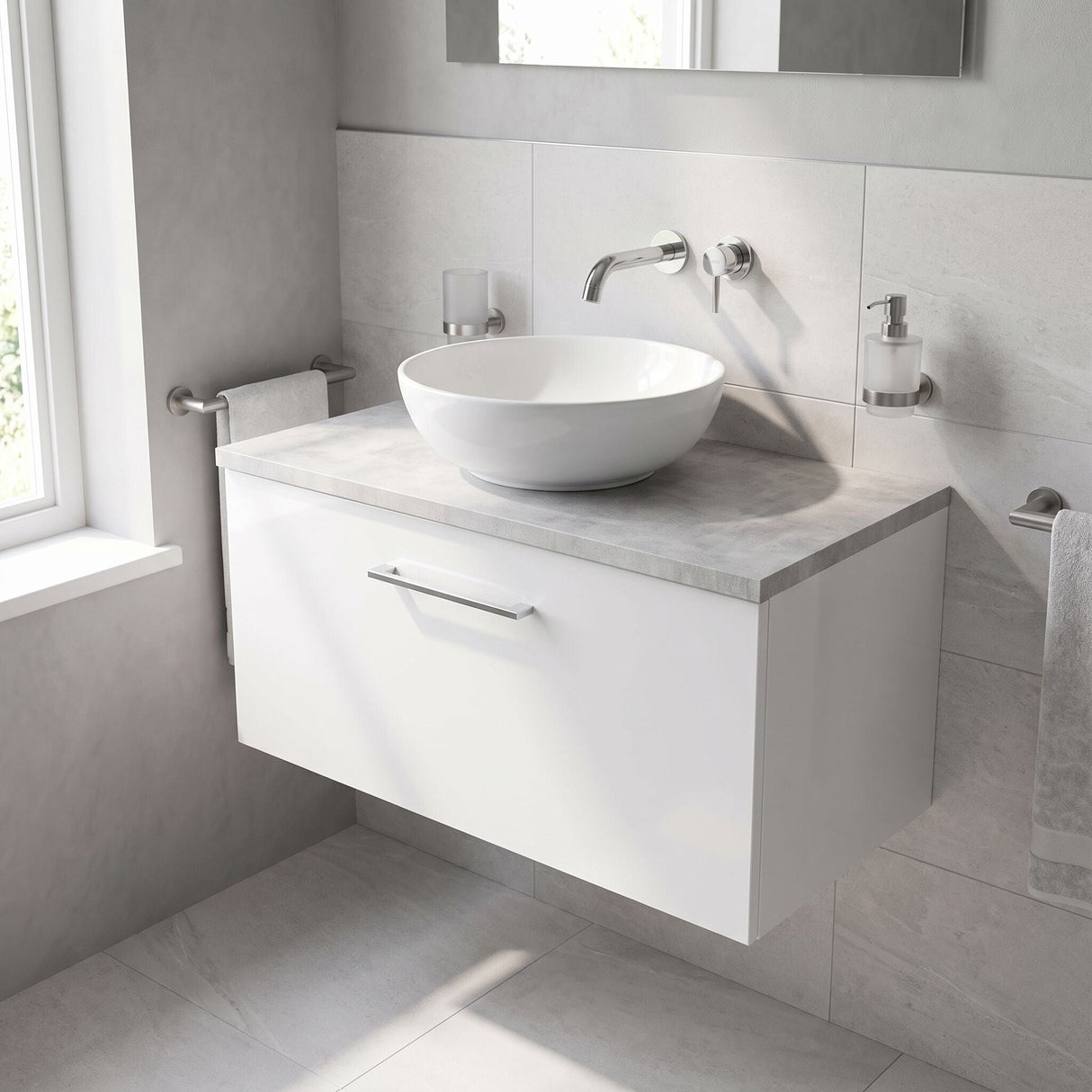 [BFLE125LBG] Bramshall Contemporary 1 Drawer Wall Hung Vanity Unit with Bellato Grey Laminate Worktop, Choice of Size and Colour