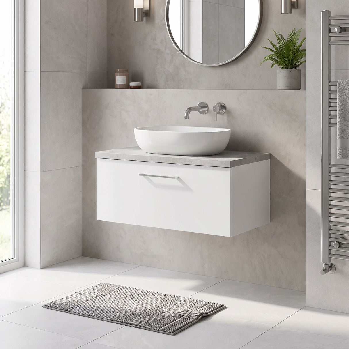 [BFLE125LBG] Bramshall Contemporary 1 Drawer Wall Hung Vanity Unit with Bellato Grey Laminate Worktop, Choice of Size and Colour