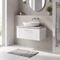 [BFLE125LBG] Bramshall Contemporary 1 Drawer Wall Hung Vanity Unit with Bellato Grey Laminate Worktop, Choice of Size and Colour