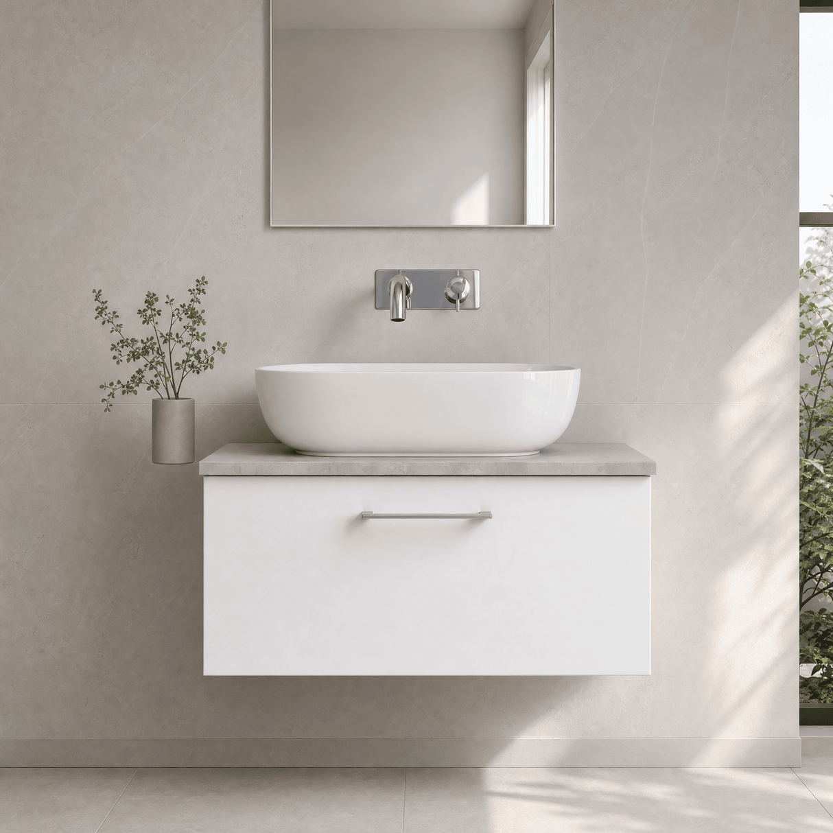 [BFLE125LBG] Bramshall Contemporary 1 Drawer Wall Hung Vanity Unit with Bellato Grey Laminate Worktop, Choice of Size and Colour - Silo