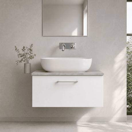 [BFLE125LBG] Bramshall Contemporary 1 Drawer Wall Hung Vanity Unit with Bellato Grey Laminate Worktop, Choice of Size and Colour - Silo