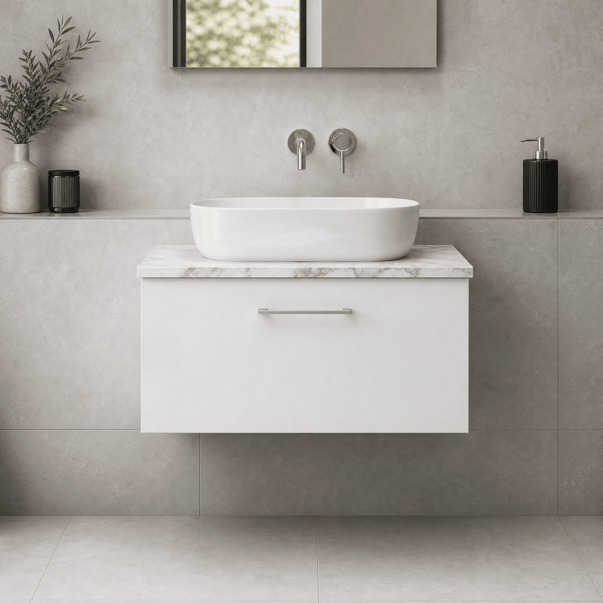 [BFLE125LCM] Bramshall Contemporary 1 Drawer Wall Hung Vanity Unit with Carrera Marble Laminate Worktop, Choice of Size and Colour