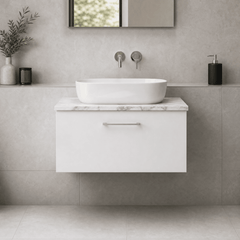 [BFLE125LCM] Bramshall Contemporary 1 Drawer Wall Hung Vanity Unit with Carrera Marble Laminate Worktop, Choice of Size and Colour