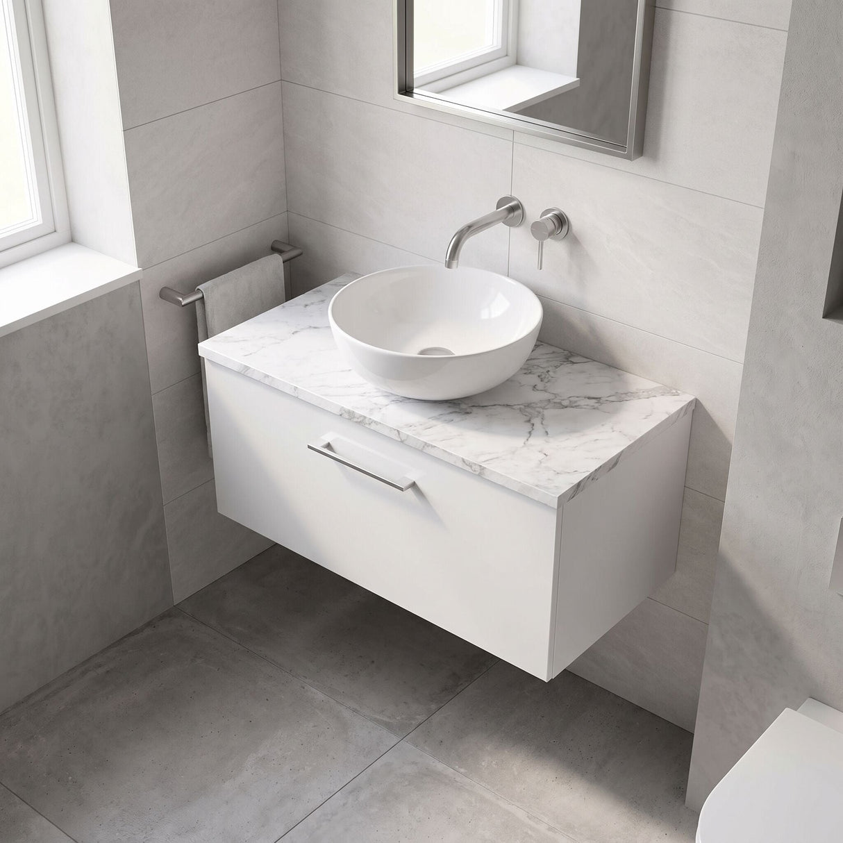 [BFLE125LCM] Bramshall Contemporary 1 Drawer Wall Hung Vanity Unit with Carrera Marble Laminate Worktop, Choice of Size and Colour