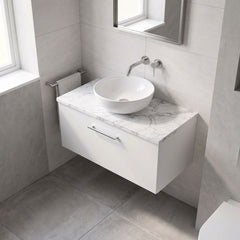 [BFLE125LCM] Bramshall Contemporary 1 Drawer Wall Hung Vanity Unit with Carrera Marble Laminate Worktop, Choice of Size and Colour