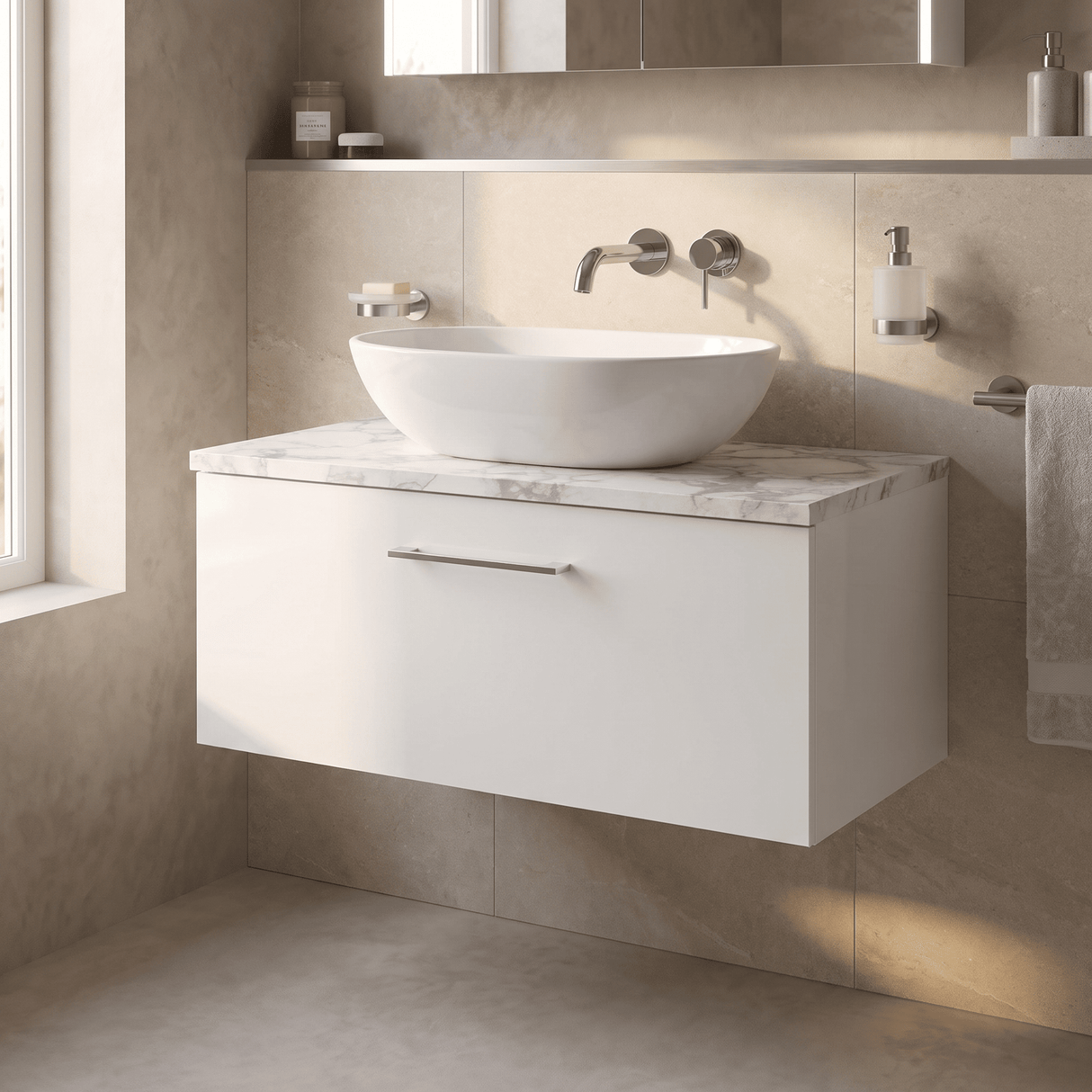 [BFLE125LCM] Bramshall Contemporary 1 Drawer Wall Hung Vanity Unit with Carrera Marble Laminate Worktop, Choice of Size and Colour