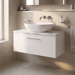[BFLE125LCM] Bramshall Contemporary 1 Drawer Wall Hung Vanity Unit with Carrera Marble Laminate Worktop, Choice of Size and Colour