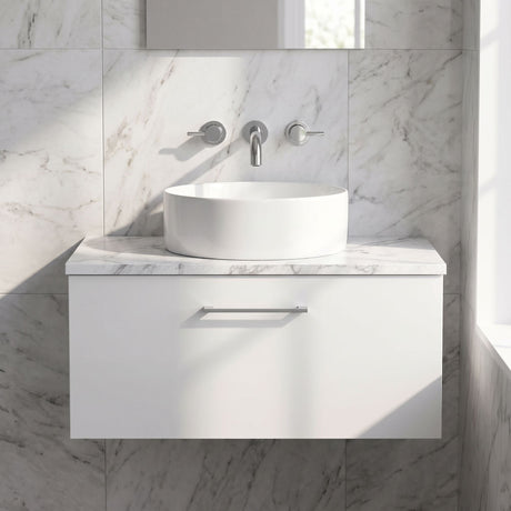 [BFLE125LCM] Bramshall Contemporary 1 Drawer Wall Hung Vanity Unit with Carrera Marble Laminate Worktop, Choice of Size and Colour - Silo