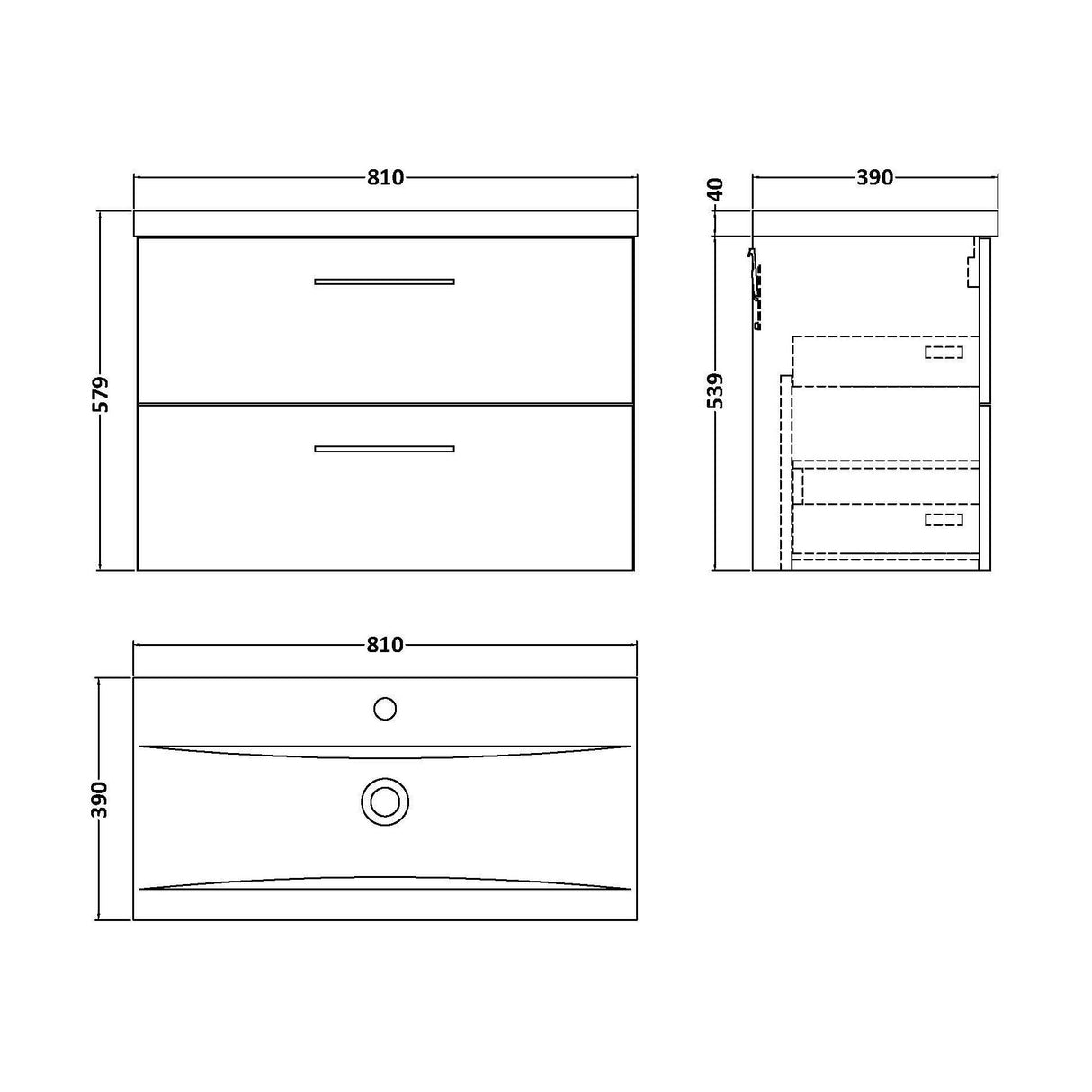 [BFLE126A] Bramshall Wall Hung 2 Drawer Vanity Unit with Mid-Edge Ceramic Basin - Choice of Colour, Handle Finish and Size - Technical Drawing