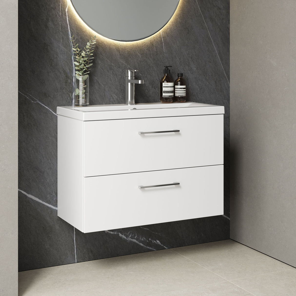 [BFLE126A] Bramshall Wall Hung 2 Drawer Vanity Unit with Mid-Edge Ceramic Basin - Choice of Colour, Handle Finish and Size - Lifestyle 3