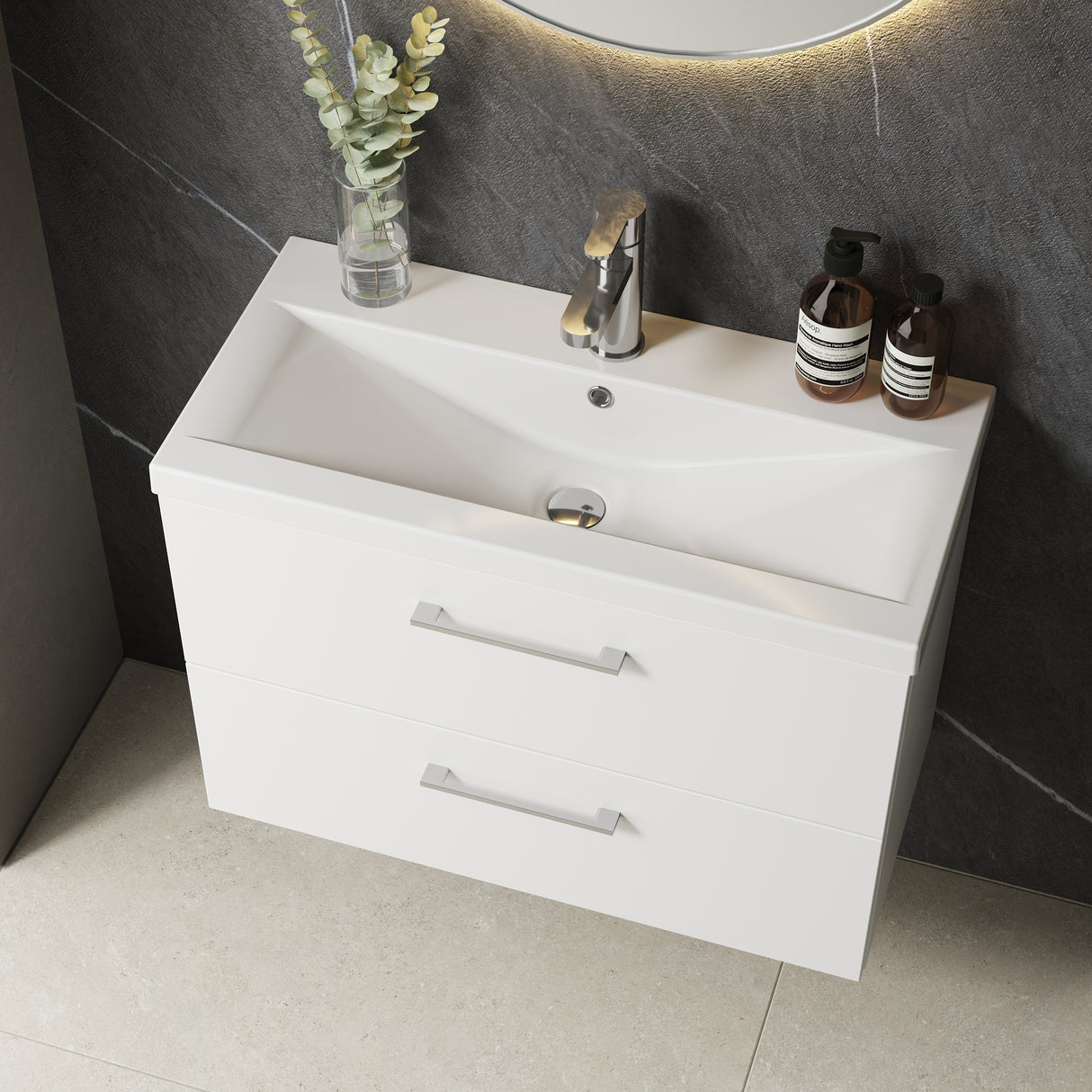 Wall Hung 2 Drawer Vanity Unit with Mid-Edge Ceramic Basin - Choice of Colour, Handle Finish and Size