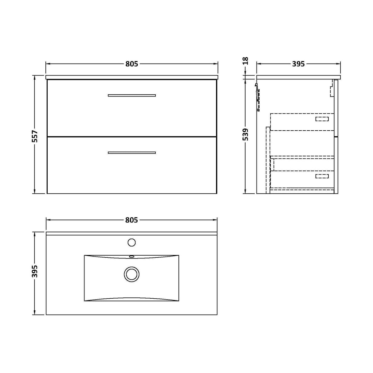 [BFLE126B] Balterley  Modern Bathroom 2 Soft Close Drawer & Minimalist Wall Hung Vanity Unit Basin, Gloss White, 435mm - Technical Drawing