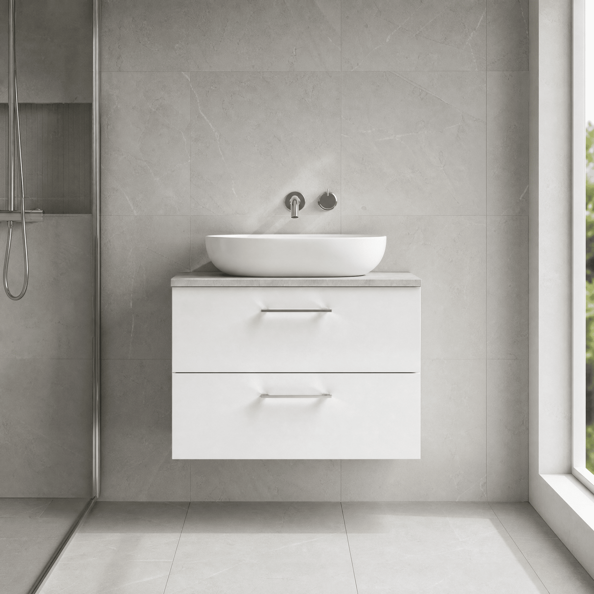 [BFLE126LBG] Bramshall Contemporary 2 Drawer Wall Hung Vanity Unit with Bellato Grey Laminate Worktop, Choice of Size and Colour