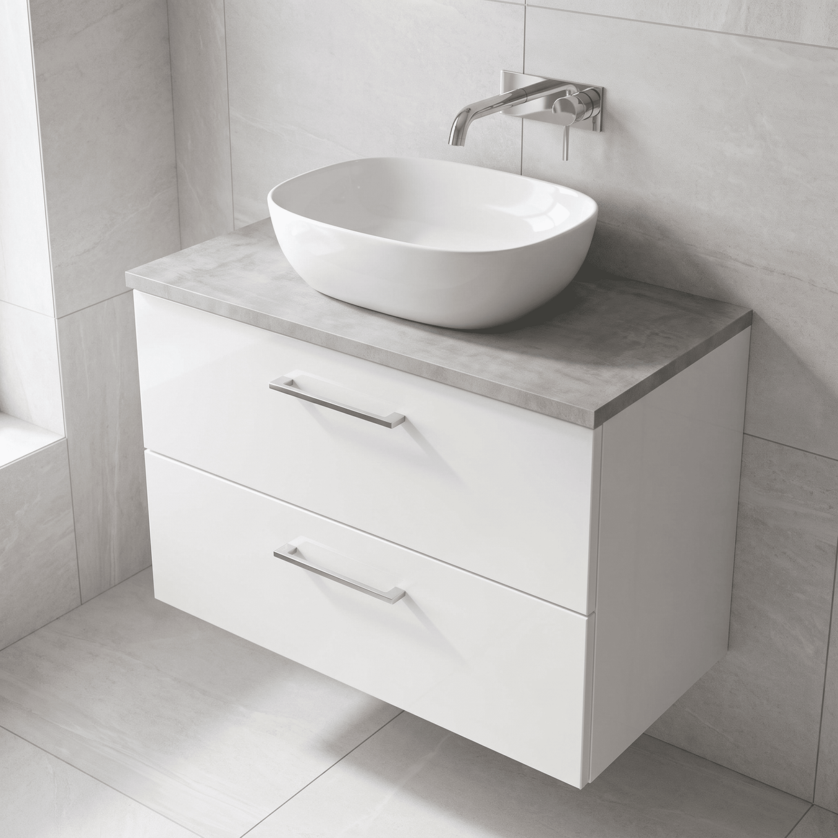 [BFLE126LBG] Bramshall Contemporary 2 Drawer Wall Hung Vanity Unit with Bellato Grey Laminate Worktop, Choice of Size and Colour