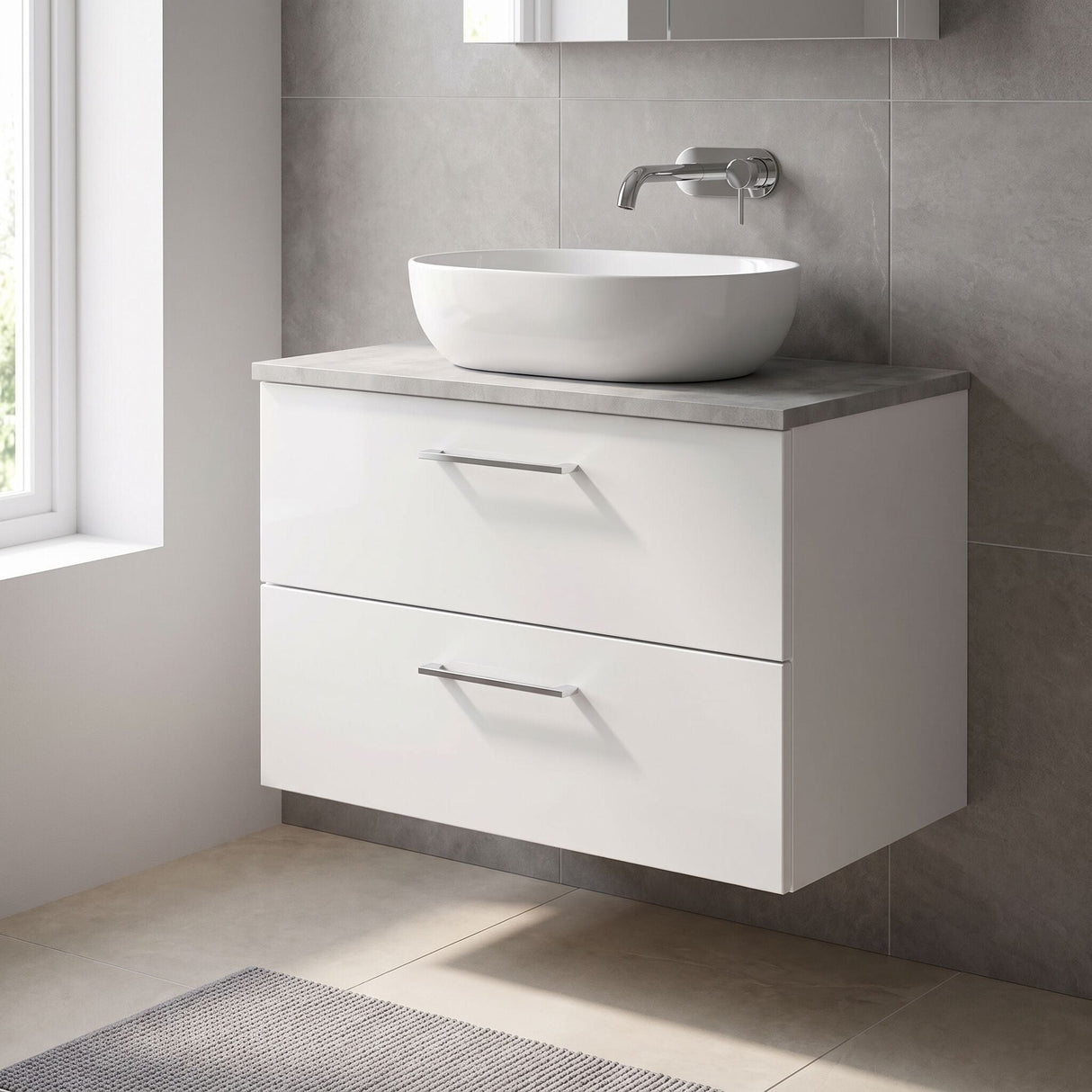 [BFLE126LBG] Bramshall Contemporary 2 Drawer Wall Hung Vanity Unit with Bellato Grey Laminate Worktop, Choice of Size and Colour