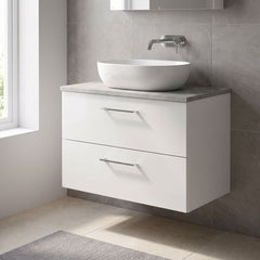 [BFLE126LBG] Bramshall Contemporary 2 Drawer Wall Hung Vanity Unit with Bellato Grey Laminate Worktop, Choice of Size and Colour