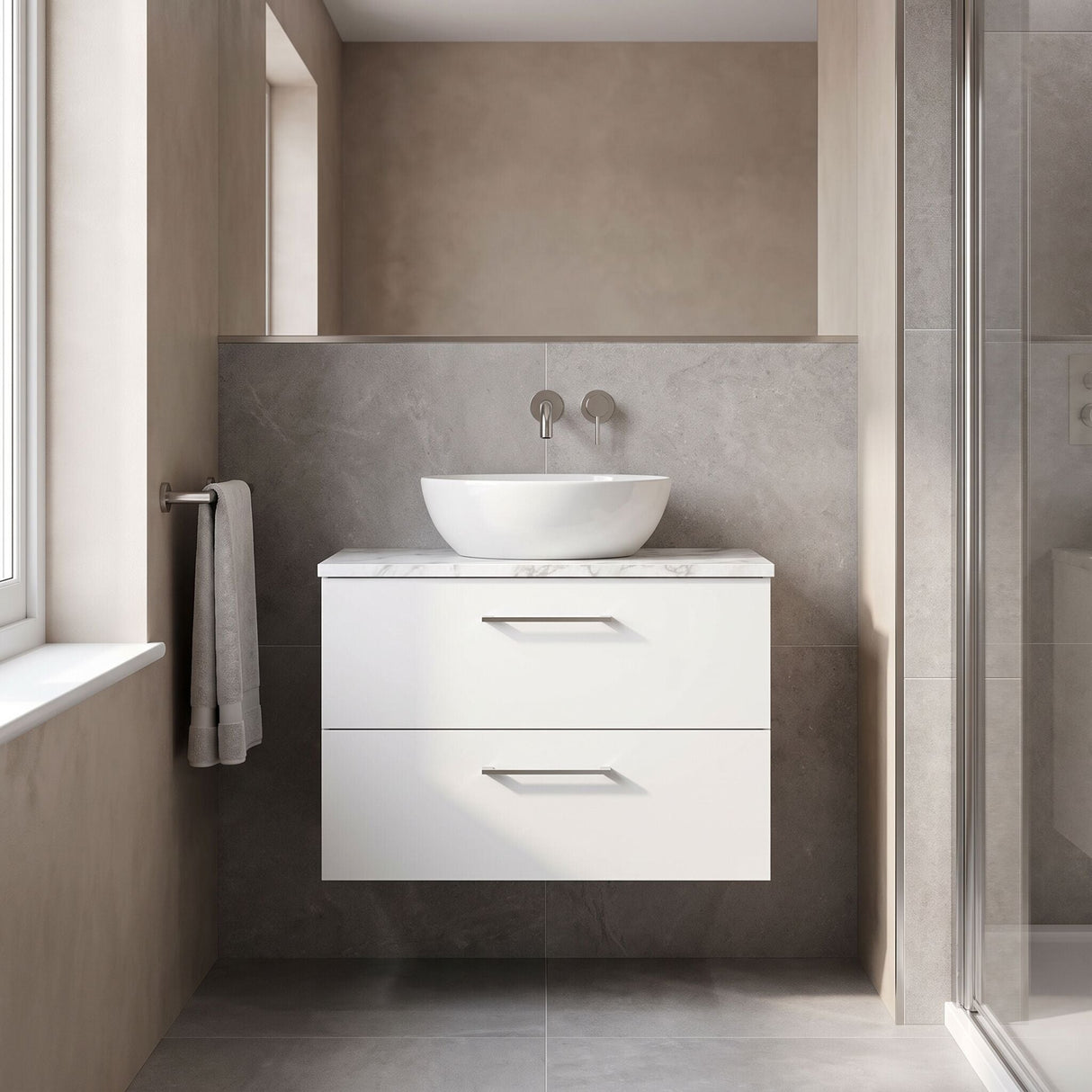 [BFLE126LCM] Bramshall Contemporary 2 Drawer Wall Hung Vanity Unit with Carrera Marble Laminate Worktop, Choice of Size and Colour