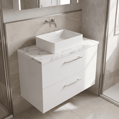 [BFLE126LCM] Bramshall Contemporary 2 Drawer Wall Hung Vanity Unit with Carrera Marble Laminate Worktop, Choice of Size and Colour