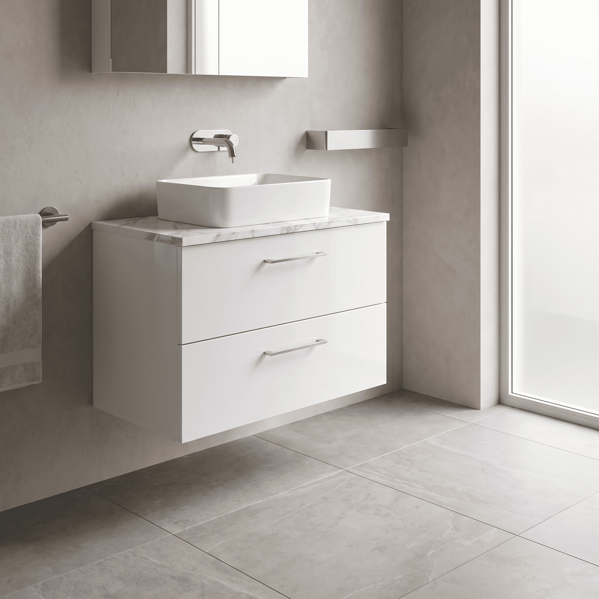 [BFLE126LCM] Bramshall Contemporary 2 Drawer Wall Hung Vanity Unit with Carrera Marble Laminate Worktop, Choice of Size and Colour