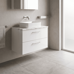 [BFLE126LCM] Bramshall Contemporary 2 Drawer Wall Hung Vanity Unit with Carrera Marble Laminate Worktop, Choice of Size and Colour