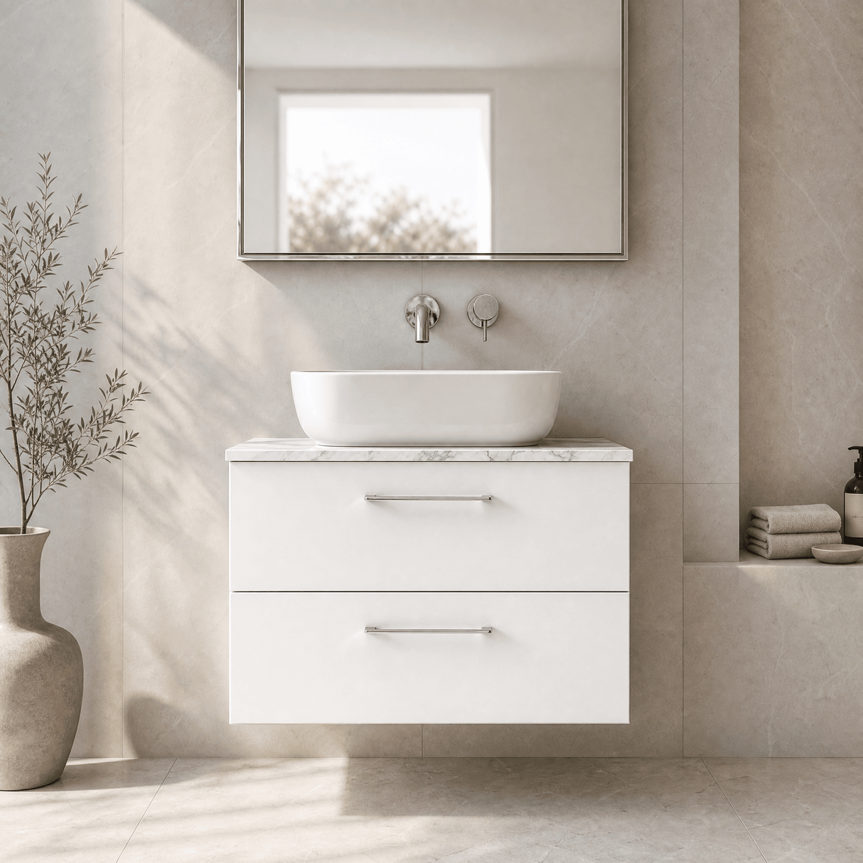 [BFLE126LCM] Bramshall Contemporary 2 Drawer Wall Hung Vanity Unit with Carrera Marble Laminate Worktop, Choice of Size and Colour - Silo