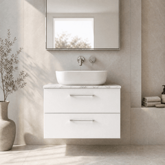 [BFLE126LCM] Bramshall Contemporary 2 Drawer Wall Hung Vanity Unit with Carrera Marble Laminate Worktop, Choice of Size and Colour - Silo