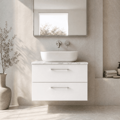 [BFLE126LCM] Bramshall Contemporary 2 Drawer Wall Hung Vanity Unit with Carrera Marble Laminate Worktop, Choice of Size and Colour - Silo