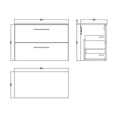 [BFLE126W] Balterley Level Modern Bathroom 800mm Wall Hung 2 Soft Close Drawer Vanity Unit with Worktop, 539 x 805 x 390mm, Gloss White - Technical Drawing