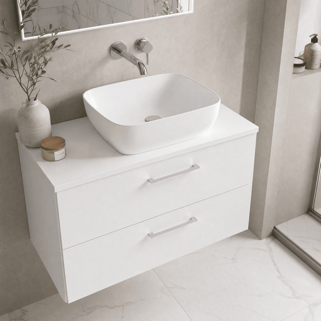 [BFLE126W] Bramshall Contemporary 2 Soft Close Drawer Wall Hung Vanity Unit with Worktop, Choice of Size and Colour