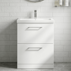 [BFLE133A] Balterley Modern Bathroom 2 Drawer Floor Standing Vanity Unit & Rectangular Mid-Edge Basin, Gloss White, 600 mm - Silo