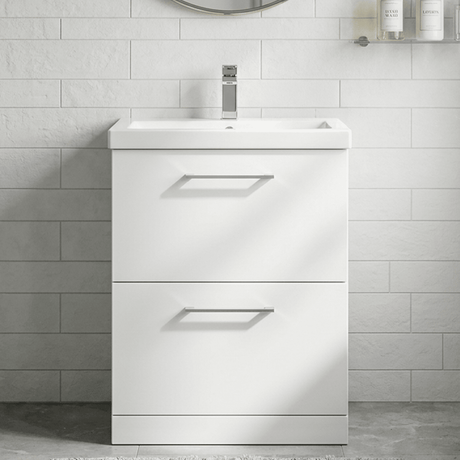 [BFLE133A] Balterley Modern Bathroom 2 Drawer Floor Standing Vanity Unit & Rectangular Mid-Edge Basin, Gloss White, 600 mm - Silo