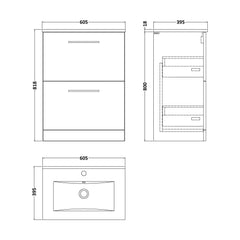[BFLE133B] Balterley  Modern Bathroom 2 Soft Close Drawer & Minimalist Floor Standing Vanity Unit Basin, Gloss White, 440mm - Technical Drawing