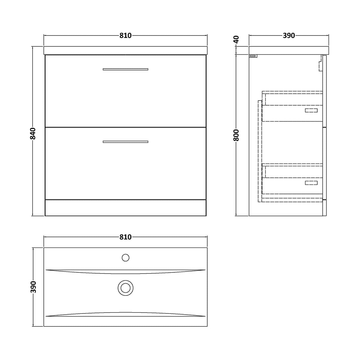 [BFLE135A] Balterley Modern Bathroom 2 Drawer Floor Standing Vanity Unit & Rectangular Mid-Edge Basin, Gloss White, 800 mm - Technical Drawing