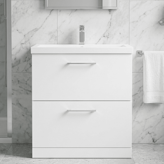[BFLE135A] Balterley Modern Bathroom 2 Drawer Floor Standing Vanity Unit & Rectangular Mid-Edge Basin, Gloss White, 800 mm - Silo