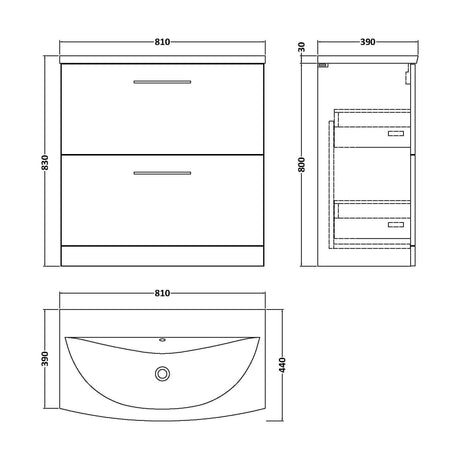 [BFLE135G] Balterley  Contemporary Bathroom 2-Drawer Floor-Standing Curved Basin Vanity Unit, Gloss White, 800mm - Technical Drawing