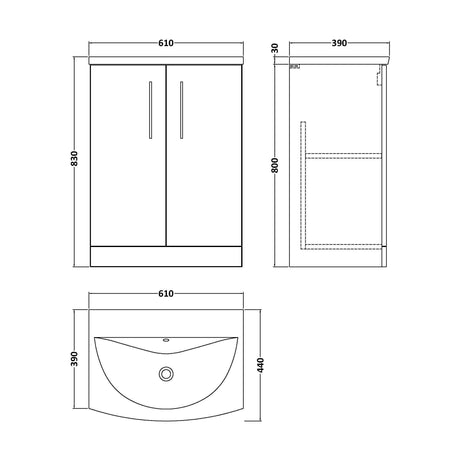 [BFLE1403G] Balterley  Contemporary Bathroom 2-Door Floor-Standing Curved Basin Vanity Unit, Dark Grey, 600mm - Technical Drawing