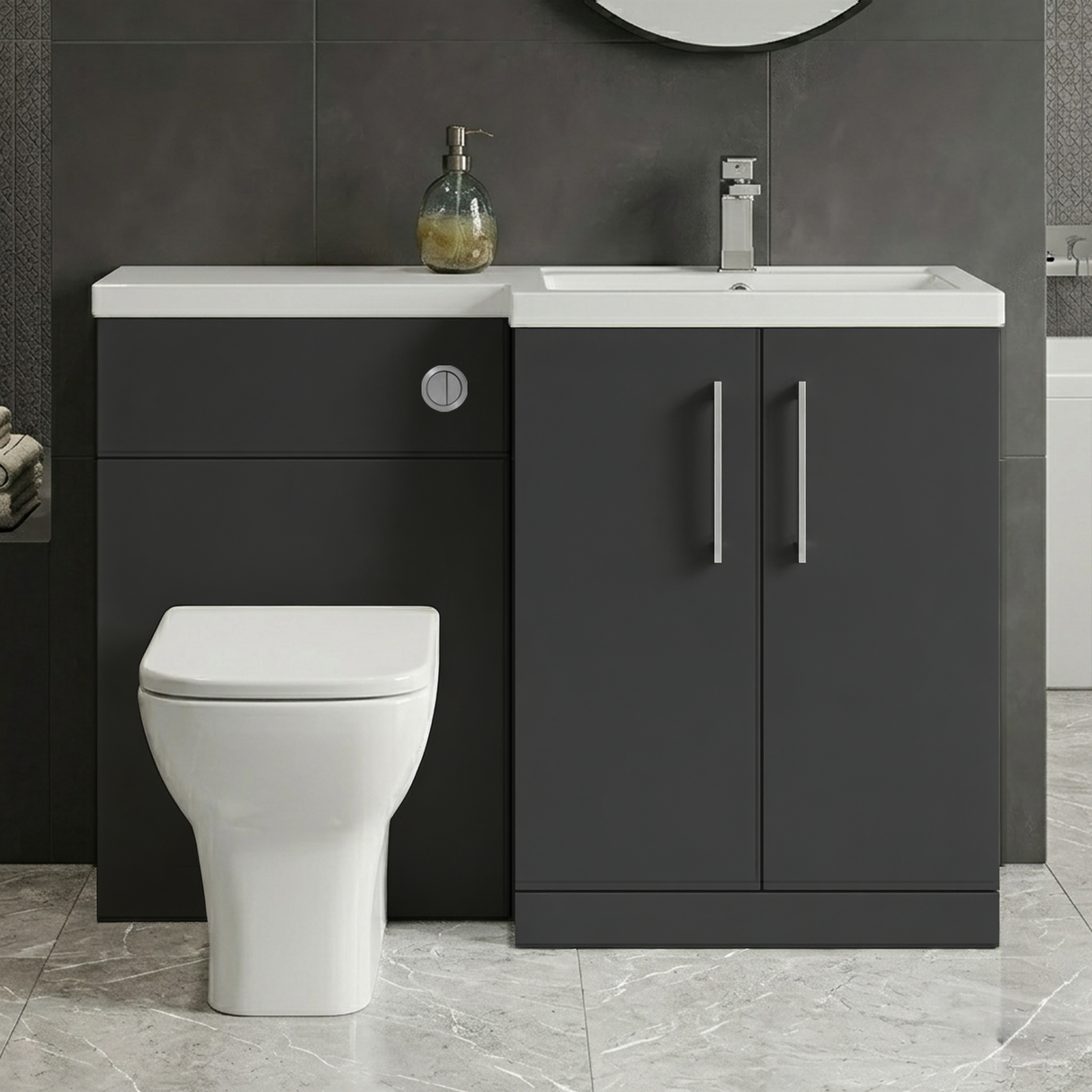 Bramshall Combination Vanity Unit with Basin & WC, Right Hand, 1100mm x 390mm - Choice of Colour and Handle Finish
